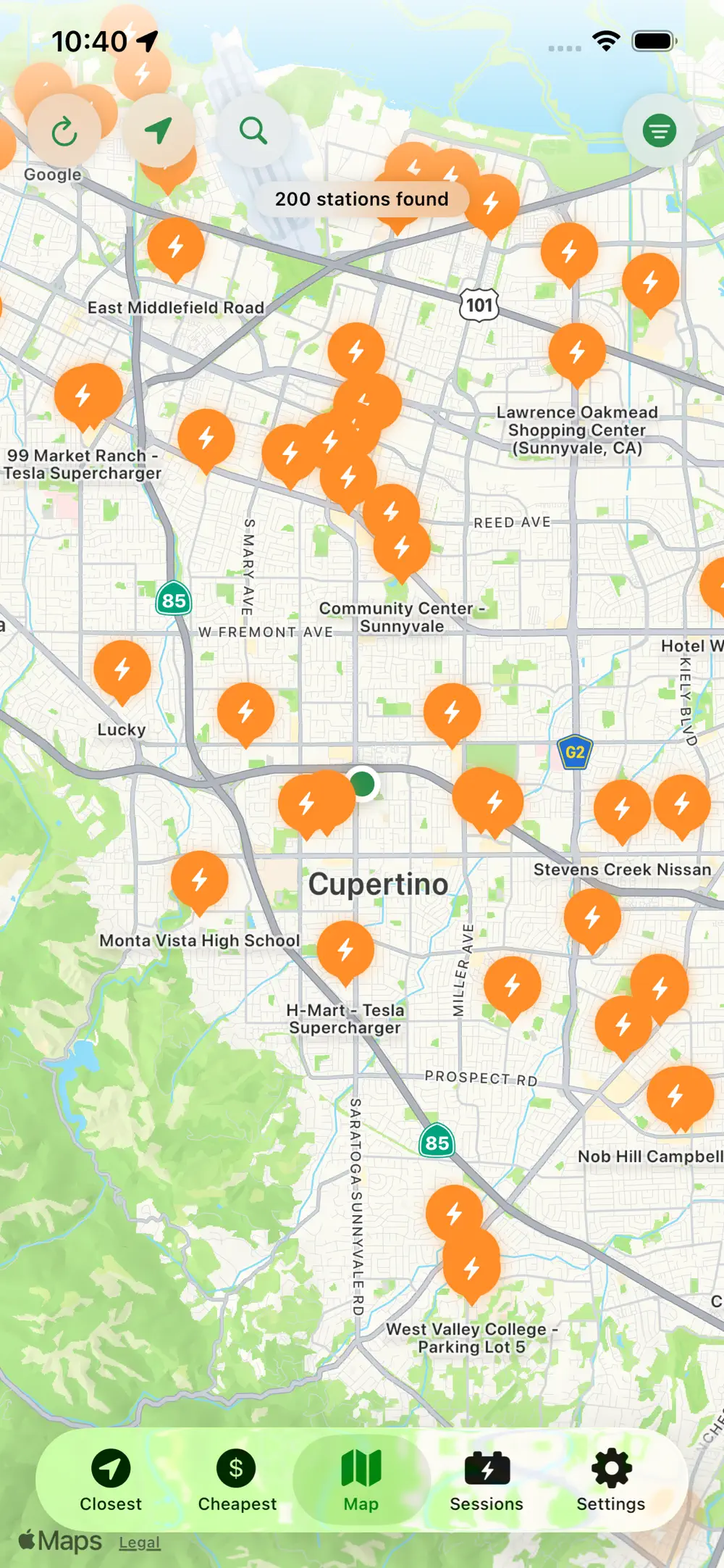 Map view showing 200 charging stations across Cupertino with bolt-icon pins