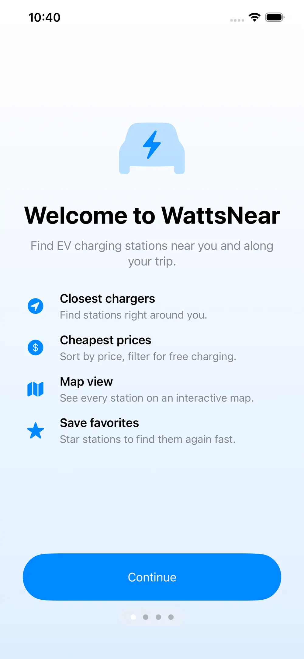 WattsNear onboarding: Welcome screen highlighting closest chargers, cheapest prices, map view, and favorites